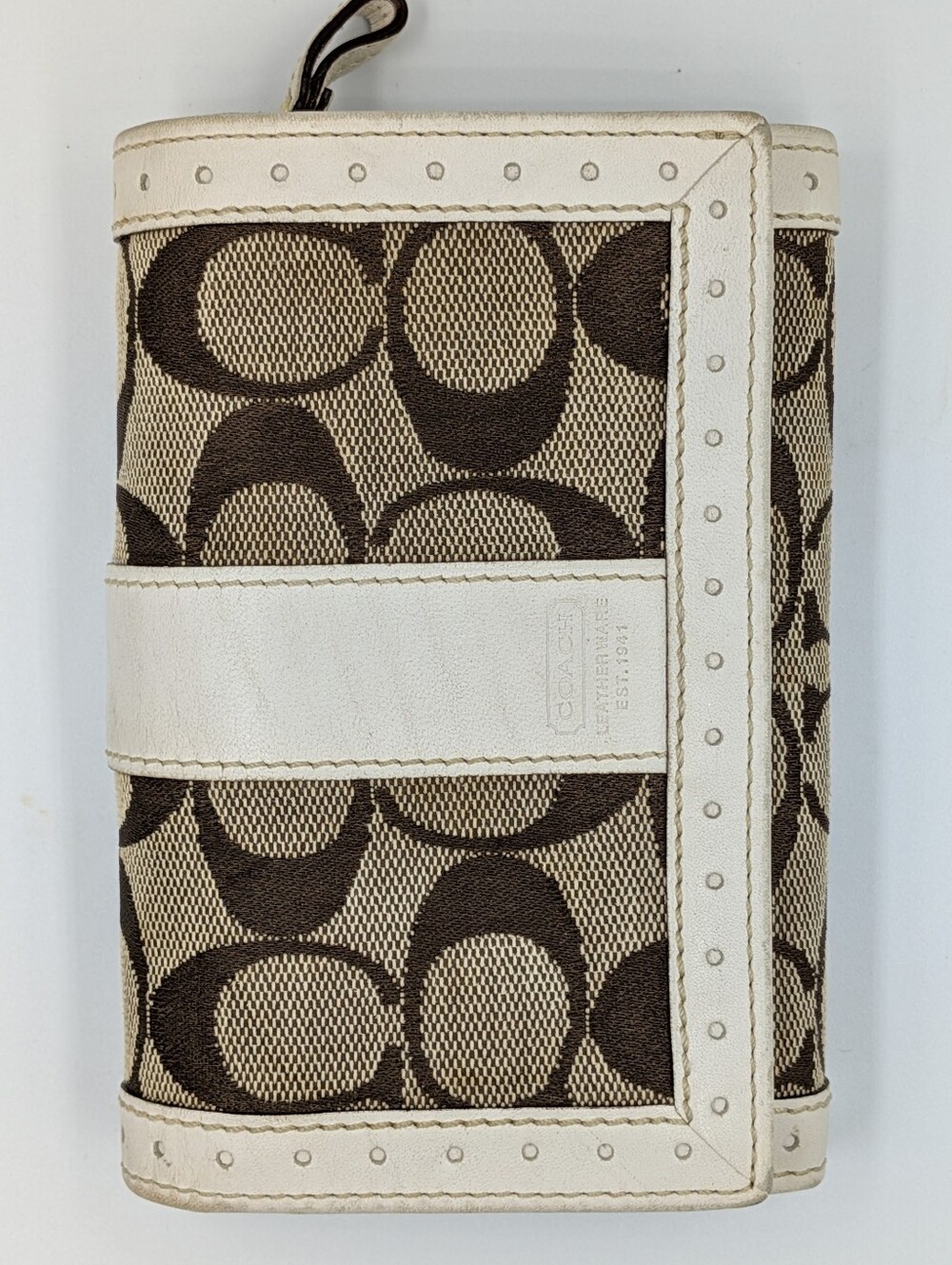 Coach Signature Wallet Khaki Canvas White Perforated Leather Trim Zip Folding - Picture 2 of 16